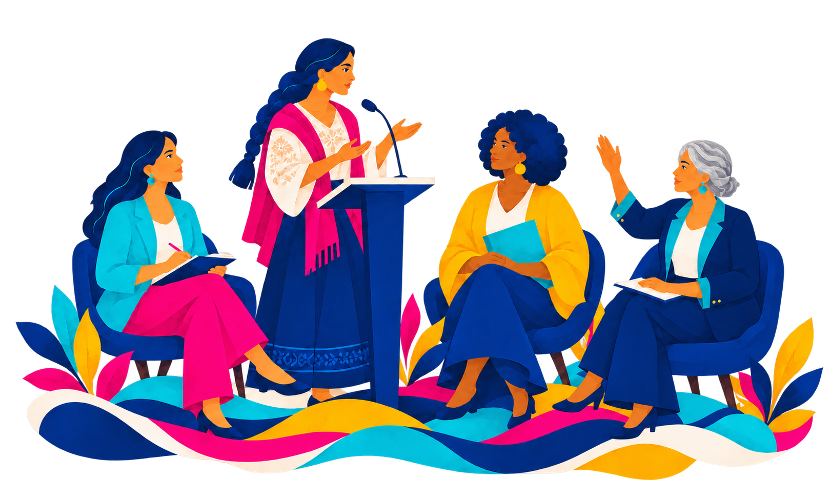 Mujeres participando, dialogando y tomando decisiones